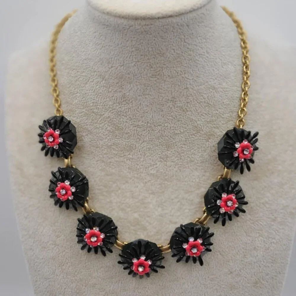 J Crew Black Red Floral Petal Necklace with Clear Crystals
